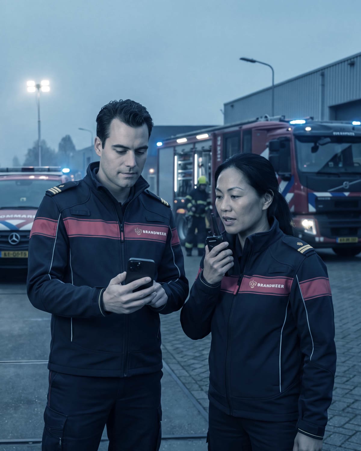 Two fire officers at a scene at dusk, one checking a phone while the other speaks into a radio, with a fire engine behind them