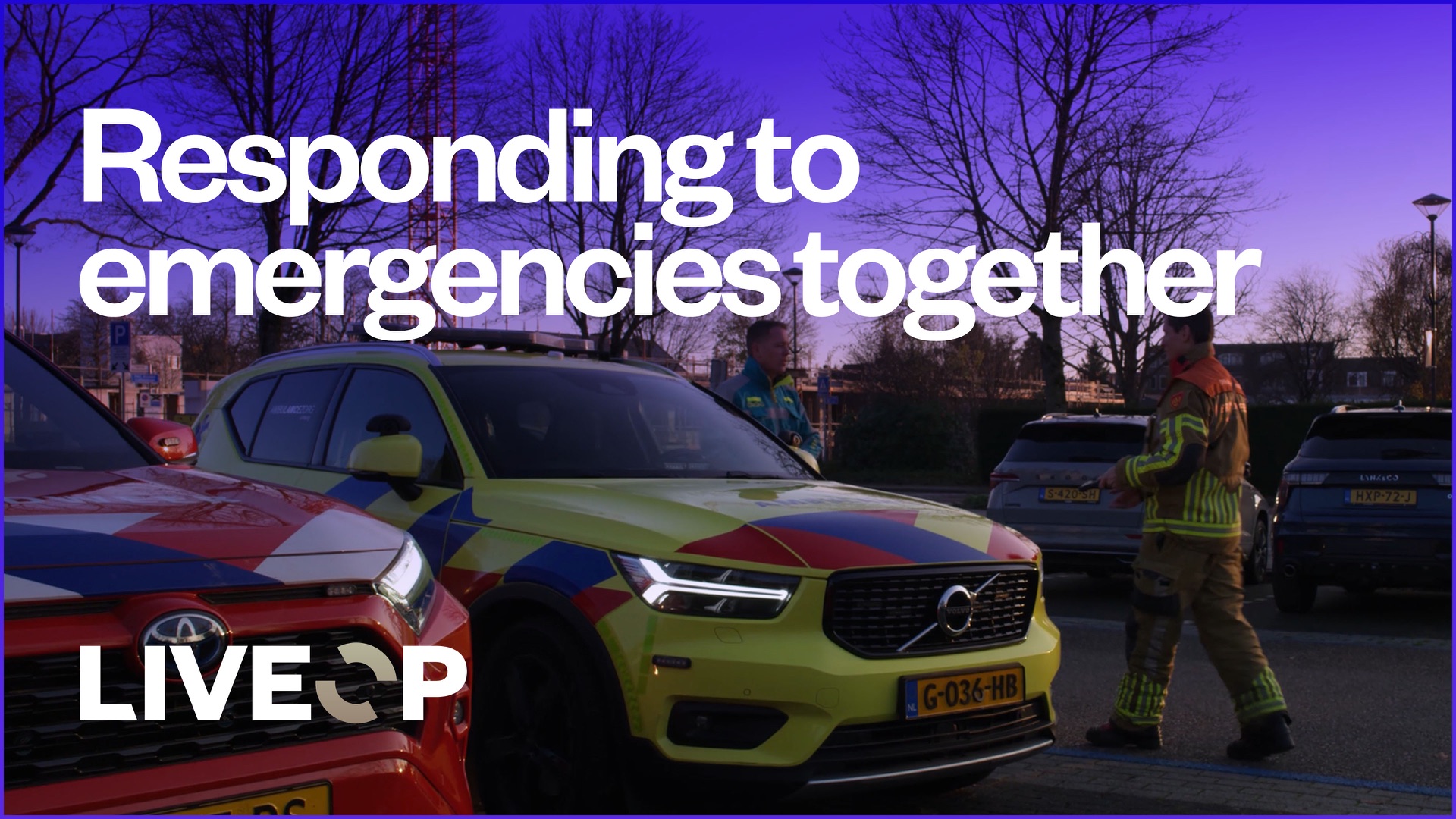 Fire and ambulance officers at their response vehicles, with the title Responding to emergencies together