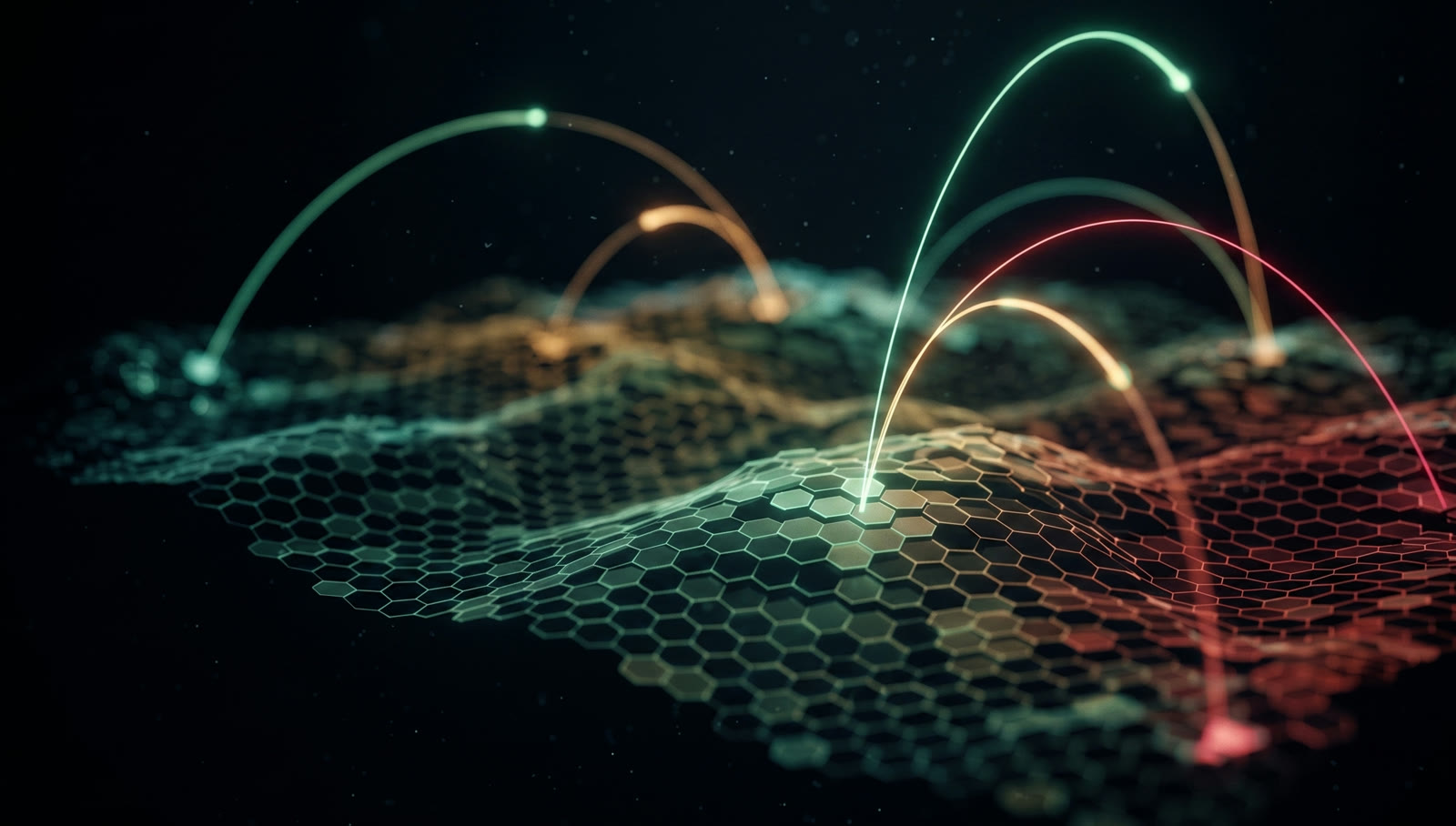 Arcs connecting stations across a three-dimensional coverage map