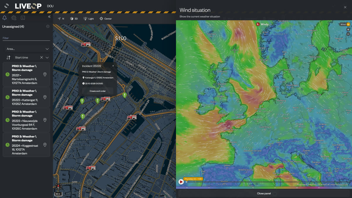 LIVEOP DCU during storm damage: unassigned incidents and fire units on the city map, beside the live wind situation across the region