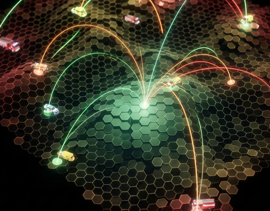 Response-time arcs from fire, ambulance and police units across a three-dimensional coverage map of a region