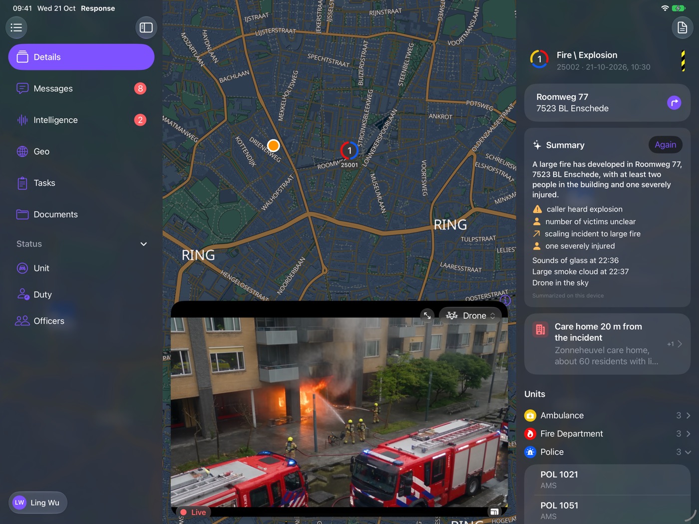LIVEOP Response on iPad: an incident summary, live drone video of the fire and the units on scene, on one screen